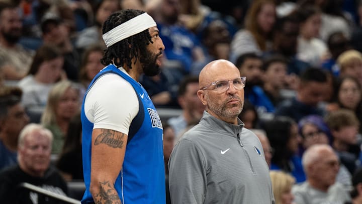 Mar 27, 2025; Orlando, Florida, USA; Dallas Mavericks forward-center Anthony Davis (3) and head coach Jason Kidd talking during a substitution against the Orlando Magic in the second quarter at Kia Center. Mandatory Credit: Jeremy Reper-Imagn Images Mar 27, 2025; Orlando, Florida, USA; Dallas Mavericks forward-center Anthony Davis (3) and head coach Jason Kidd talking during a substitution against the Orlando Magic in the second quarter at Kia Center. Mandatory Credit: Jeremy Reper-Imagn Images