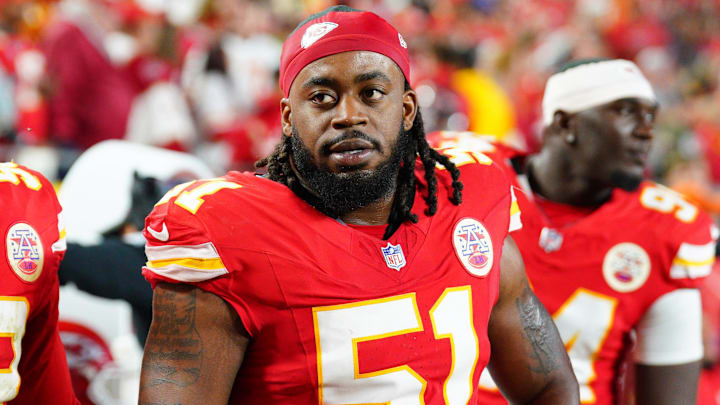 Oct 7, 2024; Kansas City, Missouri, USA; Kansas City Chiefs defensive end Mike Danna (51) on the sidelines against the New Orleans Saints during the game at GEHA Field at Arrowhead Stadium. Mandatory Credit: Denny Medley-Imagn Images Oct 7, 2024; Kansas City, Missouri, USA; Kansas City Chiefs defensive end Mike Danna (51) on the sidelines against the New Orleans Saints during the game at GEHA Field at Arrowhead Stadium. Mandatory Credit: Denny Medley-Imagn Images