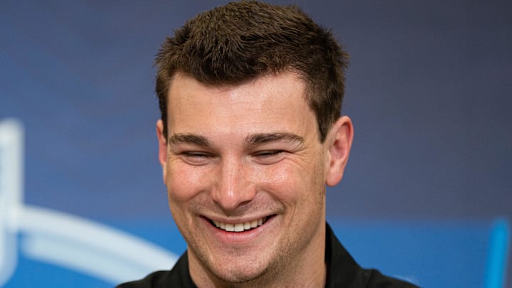 Feb 27, 2026; Indianapolis, IN, USA; Indiana quarterback Fernando Mendoza (QB11) speaks to members of the media during the NFL Combine at the Indiana Convention Center. Mandatory Credit: Jacob Musselman-Imagn Images