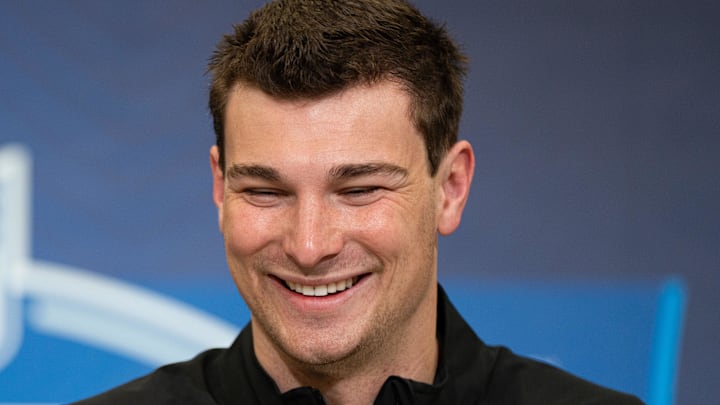 Feb 27, 2026; Indianapolis, IN, USA; Indiana quarterback Fernando Mendoza (QB11) speaks to members of the media during the NFL Combine at the Indiana Convention Center. Mandatory Credit: Jacob Musselman-Imagn Images