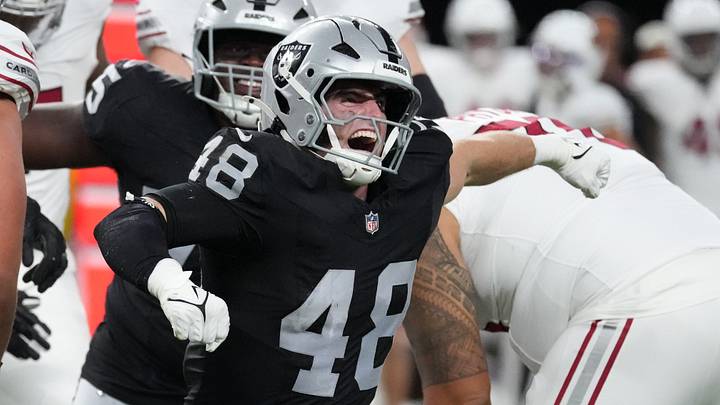 Aug 13, 2026; Paradise, Nevada, USA; Las Vegas Raiders defensive end Cian Slone (48) celebrates after sacking Arizona Cardinals quarterback Kedon Slovis (12) in the second half at Allegiant Stadium. Mandatory Credit: Kirby Lee-Imagn Images