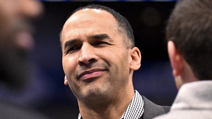 Feb 10, 2025; Dallas, Texas, USA; Dallas Mavericks general manager Nico Harrison speaks with fans before the game between the Dallas and the Sacramento Kings at the American Airlines Center. Mandatory Credit: Jerome Miron-Imagn Images