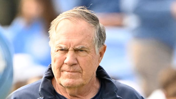Oct 25, 2025; Chapel Hill, North Carolina, USA; North Carolina Tar Heels head coach Bill Belichick with the team before the game at Kenan Stadium. Mandatory Credit: Bob Donnan-Imagn Images