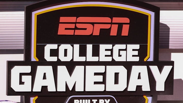 Helmets for Texas Tech and BYU are displayed on the College GameDay set before a Big 12 Conference football game, Saturday, Nov. 8, 2025, at Jones AT&T Stadium.