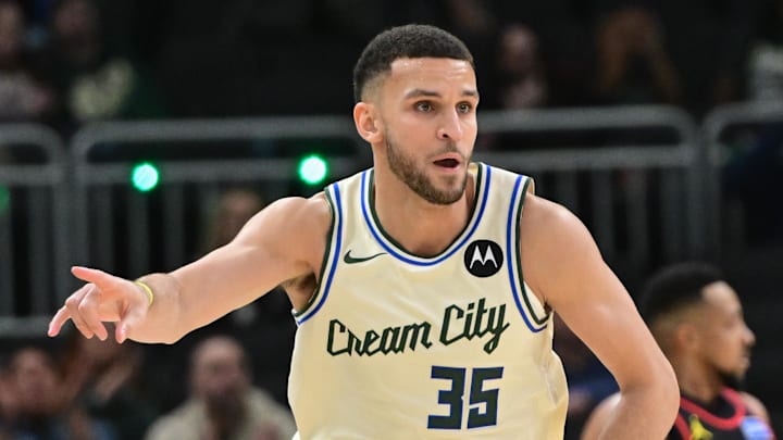 Milwaukee Bucks forward Pete Nance (35) reacts after scoring a basket in the third quarter against the Atlanta Hawks at Fiserv Forum on March 4, 2026.