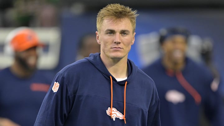 Dec 19, 2024; Inglewood, California, USA;  Denver Broncos quarterback Bo Nix (10) warms up prior to the game against the Los Angeles Chargers at SoFi Stadium. 