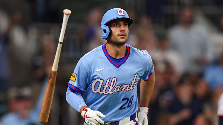Apr 10, 2026; Atlanta, Georgia, USA; Atlanta Braves first baseman Matt Olson (28) hits a two-run home run against the Cleveland Guardians in the sixth inning at Truist Park. Mandatory Credit: Brett Davis-Imagn Images