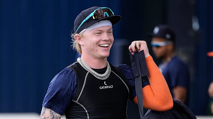 Detroit Tigers prospect Max Clark gets ready for practice during spring training at TigerTown in Lakeland, Fla. on Sunday, Feb. 16, 2025. Detroit Tigers prospect Max Clark gets ready for practice during spring training at TigerTown in Lakeland, Fla. on Sunday, Feb. 16, 2025.
