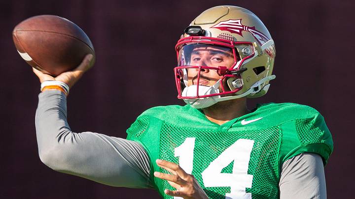 Florida State Seminoles quarterback Ashton Daniels (14) winds up to pass Thursday, April 9, 2026.