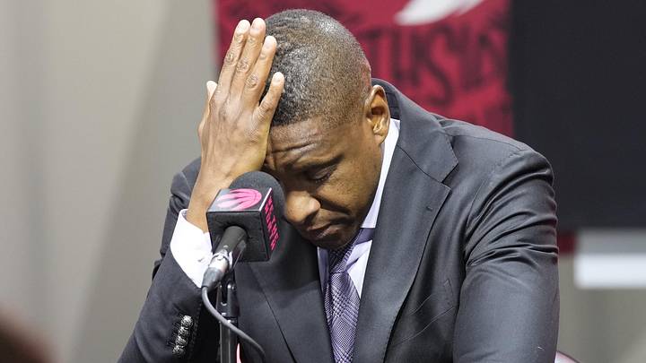 Sep 30, 2024; Toronto, Ontario, Canada; Toronto Raptors Vice-Chairman and Team President Masai Ujiri reacts while talking to the media about the passing of Dikembe Mutombo (not pictured) during media day at Scotiabank Area. Mandatory Credit: John E. Sokolowski-Imagn Images