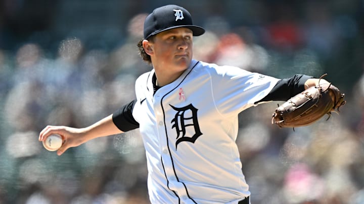 May 11, 2025; Detroit, Michigan, USA; Detroit Tigers starting pitcher Reese Olson (45) throws a pitch against the Texas Rangers in the first inning at Comerica Park