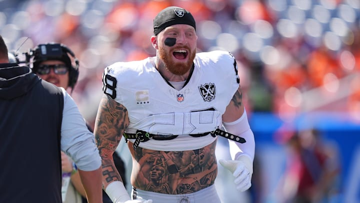 Oct 6, 2024; Denver, Colorado, USA; Las Vegas Raiders defensive end Maxx Crosby (98) before the game against the Denver Broncos at Empower Field at Mile High. Mandatory Credit: Ron Chenoy-Imagn Images Oct 6, 2024; Denver, Colorado, USA; Las Vegas Raiders defensive end Maxx Crosby (98) before the game against the Denver Broncos at Empower Field at Mile High. Mandatory Credit: Ron Chenoy-Imagn Images