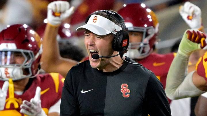 Oct 11, 2025; Los Angeles, California, USA; USC Trojans head coach Lincoln Riley celebrates after kicker Ryon Sayeri (48) hit a 54-yard field goal in the second half against the Michigan Wolverines at United Airlines Field at the Los Angeles Memorial Coliseum. Oct 11, 2025; Los Angeles, California, USA; USC Trojans head coach Lincoln Riley celebrates after kicker Ryon Sayeri (48) hit a 54-yard field goal in the second half against the Michigan Wolverines at United Airlines Field at the Los Angeles Memorial Coliseum.