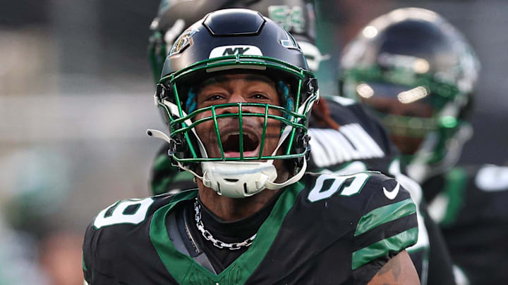 Dec 1, 2024; East Rutherford, New Jersey, USA; New York Jets defensive end Will McDonald IV (99) reacts after a defensive stop during the second half against the Seattle Seahawks at MetLife Stadium. Mandatory Credit: Vincent Carchietta-Imagn Images