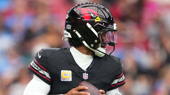 Oct 5, 2025; Glendale, Arizona, USA; Arizona Cardinals quarterback Kyler Murray (1) looks to throw against the Tennessee Titans during the second quarter at State Farm Stadium. Mandatory Credit: Joe Camporeale-Imagn Images