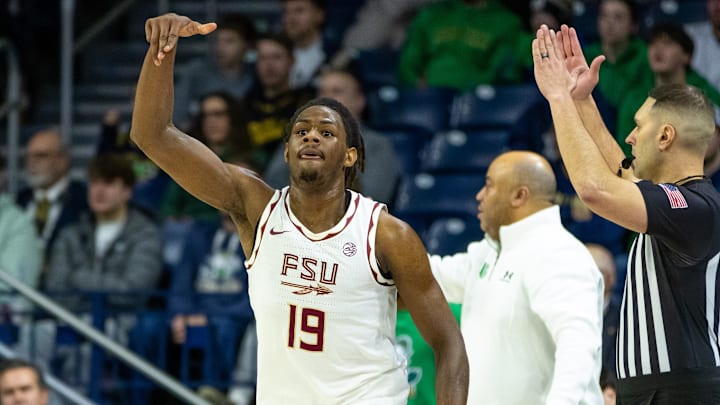 Feb 7, 2026; South Bend, Indiana, USA; Florida State Seminoles forward AJ Swinton (19) celebrates making a 3-point shot against the Notre Dame Fighting Irish during the first half at Purcell Pavilion at the Joyce Center. Mandatory Credit: Michael Caterina-Imagn Images