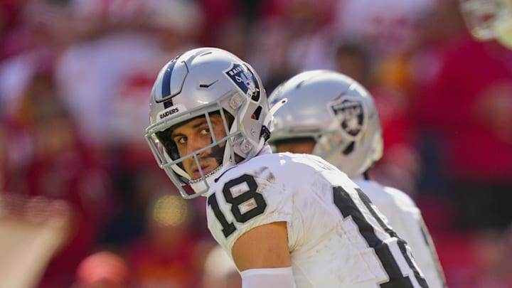 Oct 19, 2025; Kansas City, Missouri, USA; Las Vegas Raiders wide receiver Jack Bech (18) gets ready prior to the snap during the second half against the Kansas City Chiefs at GEHA Field at Arrowhead Stadium. Mandatory Credit: Jay Biggerstaff-Imagn Images