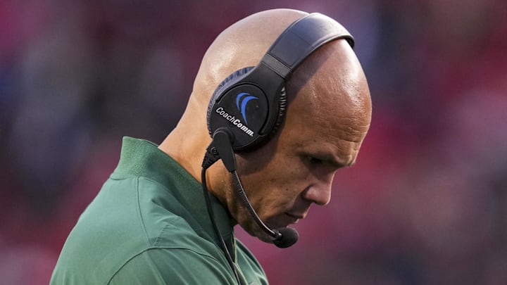 Oct 25, 2025; Cincinnati, Ohio, USA;  Baylor Bears head coach Dave Aranda works the sideline during the game against the Cincinnati Bearcats in the second half at Nippert Stadium. Mandatory Credit: Aaron Doster-Imagn Images