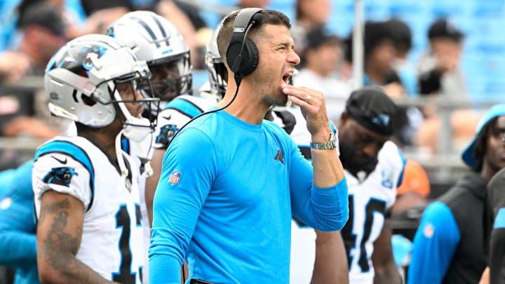 Sep 15, 2024; Charlotte, North Carolina, USA; Carolina Panthers head coach Dave Canales reacts in the fourth quarter at Bank of America Stadium. Mandatory Credit: Bob Donnan-Imagn Images Sep 15, 2024; Charlotte, North Carolina, USA; Carolina Panthers head coach Dave Canales reacts in the fourth quarter at Bank of America Stadium. Mandatory Credit: Bob Donnan-Imagn Images