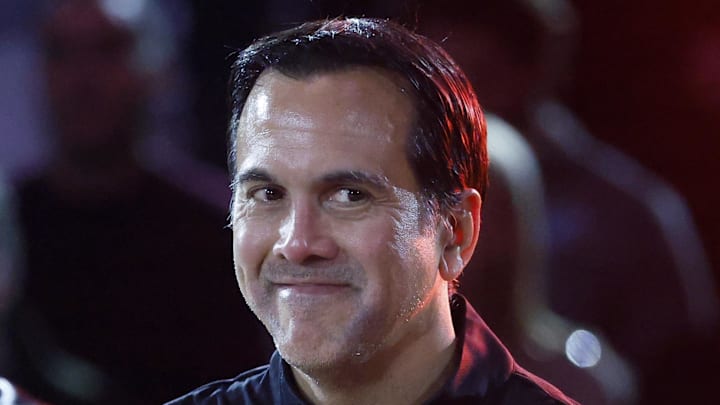 Feb 3, 2026; Miami, Florida, USA;  Miami Heat head coach Erik Spoelstra reacts during a ceremony to honor 20 years since they won their first NBA Championship during halftime at Kaseya Center. Mandatory Credit: Rhona Wise-Imagn Images