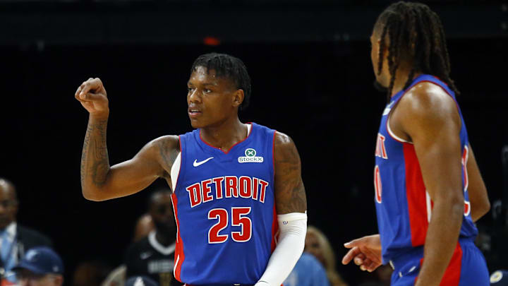 Oct 6, 2025; Memphis, Tennessee, USA; Detroit Pistons guard Marcus Sasser (25) reacts after a basket during the third quarter against the Memphis Grizzlies at FedExForum. Oct 6, 2025; Memphis, Tennessee, USA; Detroit Pistons guard Marcus Sasser (25) reacts after a basket during the third quarter against the Memphis Grizzlies at FedExForum.