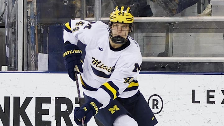 March 8, 2025; Ann Arbor, Michigan, USA; Michigan Wolverines forward Will Horcoff (44) handles the puck during the first period against the Penn State Nittany Lions at Yost Ice Arena. Mandatory Credit: Brian Bradshaw Sevald-Imagn Images March 8, 2025; Ann Arbor, Michigan, USA; Michigan Wolverines forward Will Horcoff (44) handles the puck during the first period against the Penn State Nittany Lions at Yost Ice Arena. Mandatory Credit: Brian Bradshaw Sevald-Imagn Images
