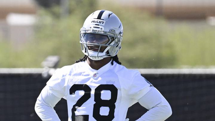 May 20, 2026; Henderson, NV, USA; Las Vegas Raiders cornerback Jermod McCoy (28) practices during organized team activities at Intermountain Health Performance Center. Mandatory Credit: Candice Ward-Imagn Images