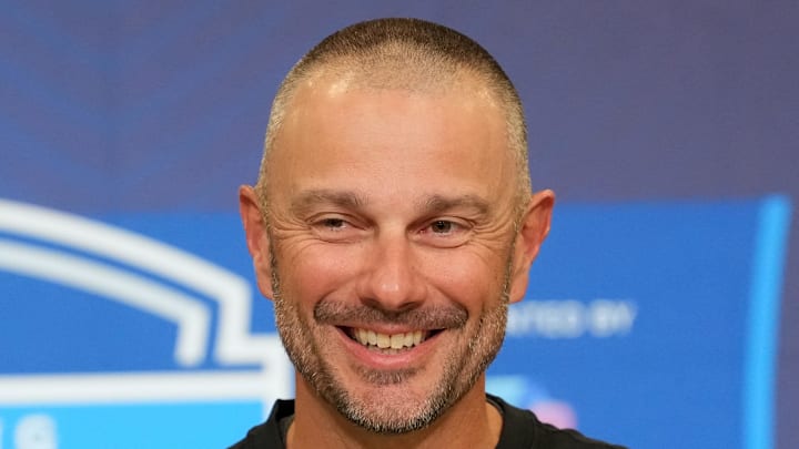 Feb 24, 2026; Indianapolis, IN, USA; Las Vegas Raiders general manager John Spytek speaks at the NFL Scouting Combine at the Indiana Convention Center. Mandatory Credit: Kirby Lee-Imagn Images