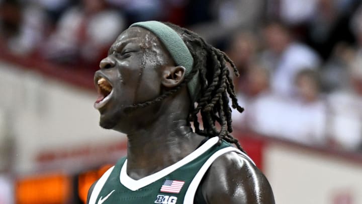 Mar 1, 2026; Bloomington, Indiana, USA; Michigan State Spartans guard Jeremy Fears Jr. (1) and Michigan State Spartans guard Kur Teng (2) celebrate against the Indiana Hoosiers during the first half at Simon Skjodt Assembly Hall.