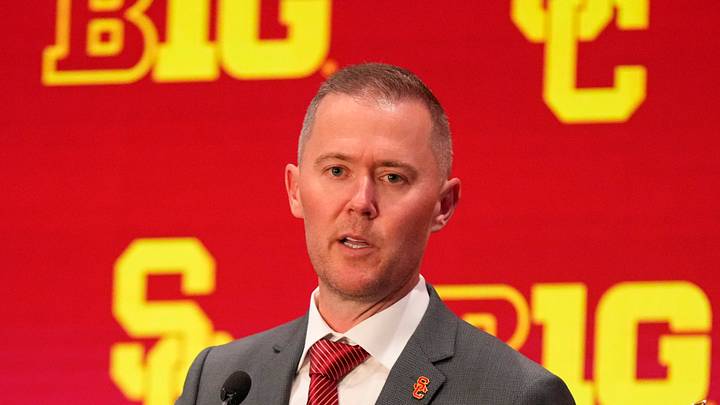 Jul 24, 2025; Las Vegas, NV, USA; USC head coach Lincoln Riley speaks to the media during the Big Ten NCAA college football media days at Mandalay Bay Resort.    