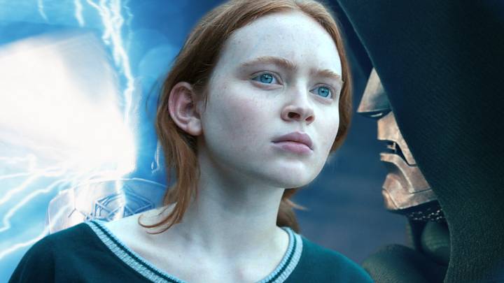 Sadie Sink in a still from Stranger Things against a backdrop from Avengers: Doomsday, featuring Robert Downey Jr. as Doctor Doom. 