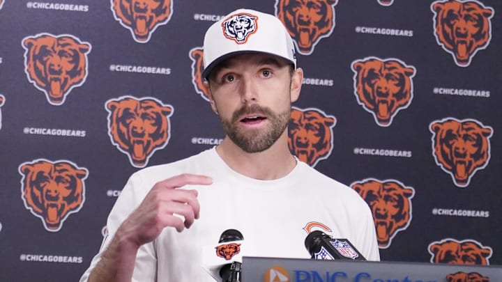 May 10, 2025; Lake Forest, IL, USA; Chicago Bears offensive coordinator Declan Doyle answers questions after rookie minicamp at Halas Hall. Mandatory Credit: David Banks-Imagn Images