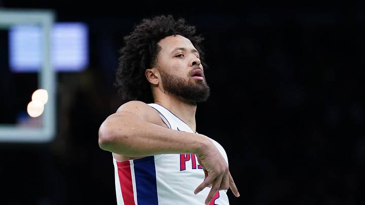 Nov 26, 2025; Boston, Massachusetts, USA; Detroit Pistons guard Cade Cunningham (2) reacts after his three point basket against the Boston Celtics in the first half at TD Garden. Mandatory Credit: David Butler II-Imagn Images