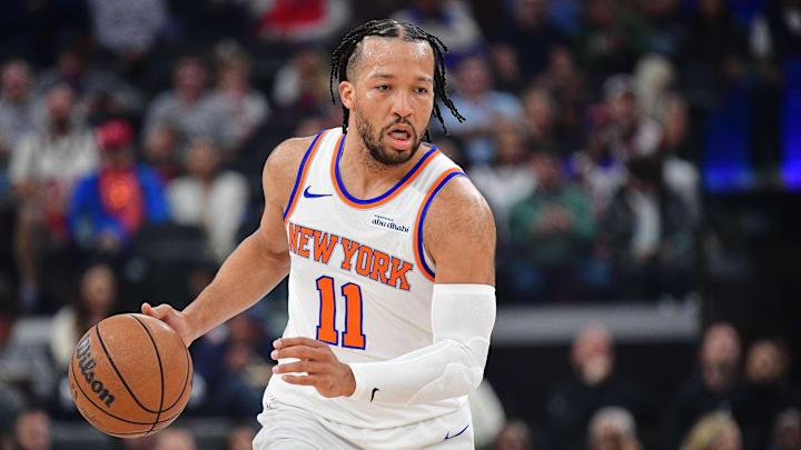 Mar 9, 2026; Inglewood, California, USA; New York Knicks guard Jalen Brunson (11) moves the ball up court against the Los Angeles Clippers during the first half at Intuit Dome. Mandatory Credit: Gary A. Vasquez-Imagn Images