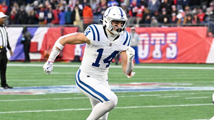 Dec 1, 2024; Foxborough, Massachusetts, USA; Indianapolis Colts wide receiver Alec Pierce (14) runs a route during the second half against the New England Patriots at Gillette Stadium. Dec 1, 2024; Foxborough, Massachusetts, USA; Indianapolis Colts wide receiver Alec Pierce (14) runs a route during the second half against the New England Patriots at Gillette Stadium.