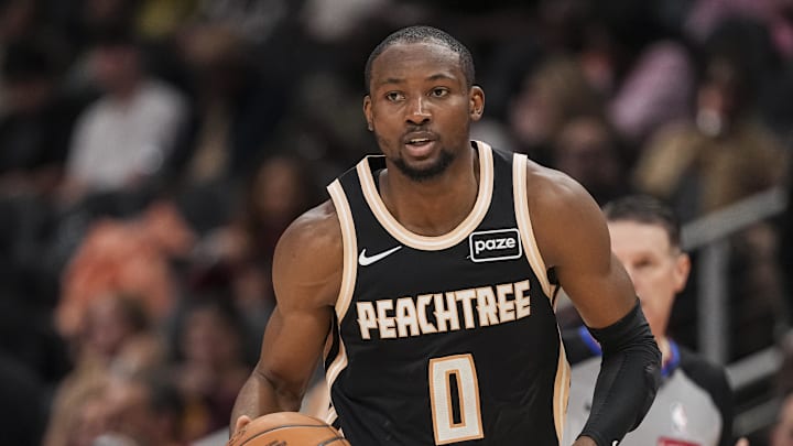 Feb 26, 2026; Atlanta, Georgia, USA; Atlanta Hawks forward Jonathan Kuminga (0) brings the ball up the court against the Washington Wizards during the second half at State Farm Arena. Feb 26, 2026; Atlanta, Georgia, USA; Atlanta Hawks forward Jonathan Kuminga (0) brings the ball up the court against the Washington Wizards during the second half at State Farm Arena.