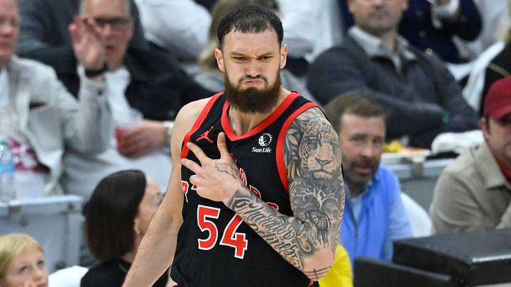 Apr 29, 2026; Cleveland, Ohio, USA; Toronto Raptors forward Sandro Mamukelashvili (54) celebrates his three-point basket against the Cleveland Cavaliers in the third quarter of game five of the first round of the 2026 NBA Playoffs at Rocket Arena. Mandatory Credit: David Richard-Imagn Images Apr 29, 2026; Cleveland, Ohio, USA; Toronto Raptors forward Sandro Mamukelashvili (54) celebrates his three-point basket against the Cleveland Cavaliers in the third quarter of game five of the first round of the 2026 NBA Playoffs at Rocket Arena. Mandatory Credit: David Richard-Imagn Images
