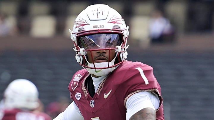 Sep 20, 2025; Tallahassee, Florida, USA; Florida State Seminoles quarterback Thomas Castellanos (0) warms up before the game against the Kent State Golden Flashes at Doak S. Campbell Stadium. Mandatory Credit: Melina Myers-Imagn Images