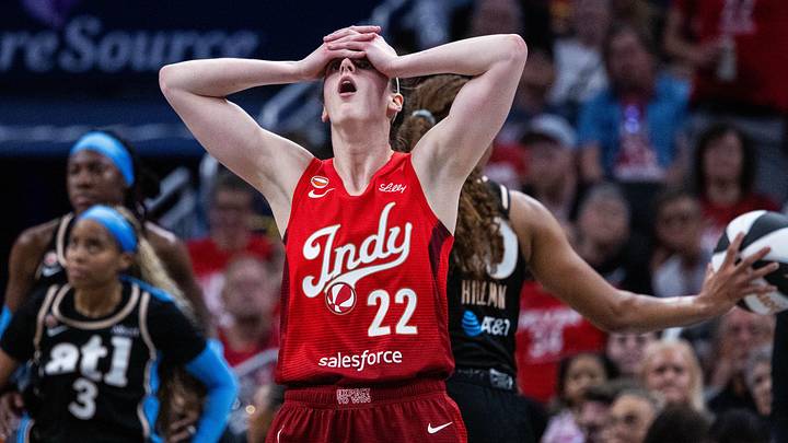 Jun 4, 2026; Indianapolis, Indiana, USA;  Indiana Fever guard Caitlin Clark (22) reacts to a call by the referee during the first half against the Atlanta Dream at Gainbridge Fieldhouse. Mandatory Credit: Trevor Ruszkowski-Imagn Images