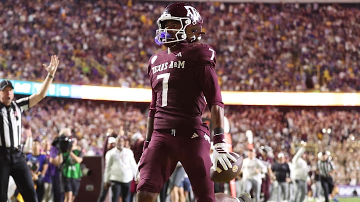 Oct 25, 2025; Baton Rouge, Louisiana, USA; Texas A&M Aggies wide receiver KC Concepcion (7) returns a punt for a touchdown during the second half against the Louisiana State Tigers at Tiger Stadium. 