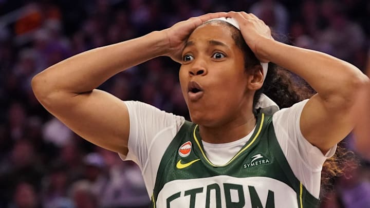 Apr 25, 2026; San Francisco, CA, USA;  Seattle Storm guard Zia Cooke (7) is surprised by a foul call during a game against the Golden State Valkyries in the third quarter at Chase Center. Mandatory Credit: David Gonzales-Imagn Images