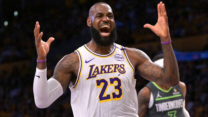 Apr 19, 2025; Los Angeles, California, USA; Los Angeles Lakers forward LeBron James (23) reacts after missing a pass in the first quarter against the Minnesota Timberwolves at Crypto.com Arena. Mandatory Credit: Jayne Kamin-Oncea-Imagn Images Apr 19, 2025; Los Angeles, California, USA; Los Angeles Lakers forward LeBron James (23) reacts after missing a pass in the first quarter against the Minnesota Timberwolves at Crypto.com Arena. Mandatory Credit: Jayne Kamin-Oncea-Imagn Images