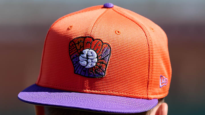 May 20, 2025; San Francisco, California, USA; A San Francisco Giants City Connect baseball hat is worn by San Francisco Giants catcher Patrick Bailey (14) before a game against the Kansas City Royals at Oracle Park.