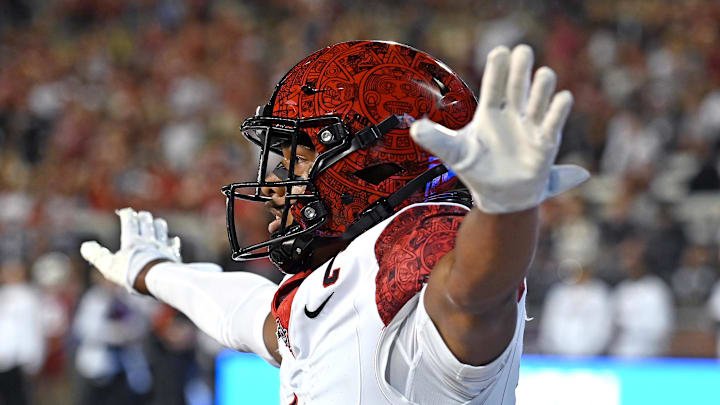 Sep 6, 2025; Pullman, Washington, USA; San Diego State Aztecs cornerback Chris Johnson (1) celebrates after a play against the Washington State Cougars in the first half at Gesa Field at Martin Stadium. Mandatory Credit: James Snook-Imagn Images