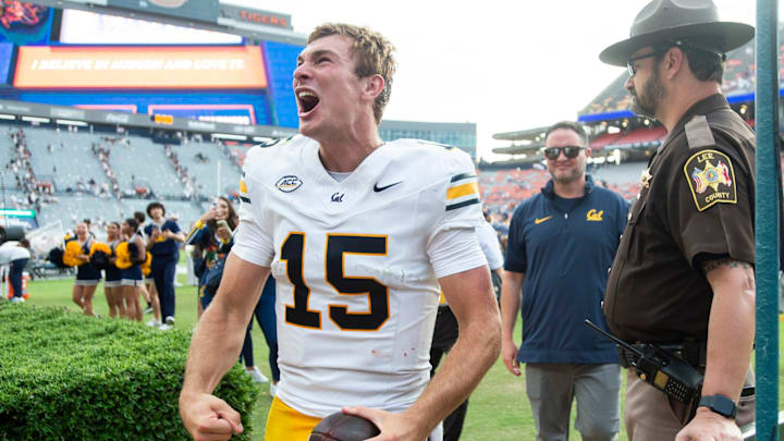 California Golden Bears quarterback Fernando Mendoza celebrates with fans after the game against Auburn. 