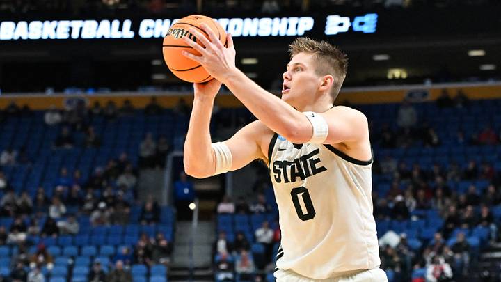 Mar 19, 2026; Buffalo, NY, USA; Michigan State Spartans forward Jaxon Kohler (0) takes a shot during the second half against the North Dakota State Bison during a first round game of the men's 2026 NCAA Tournament at Keybank Center. Mandatory Credit: Mark Konezny-Imagn Images Mar 19, 2026; Buffalo, NY, USA; Michigan State Spartans forward Jaxon Kohler (0) takes a shot during the second half against the North Dakota State Bison during a first round game of the men's 2026 NCAA Tournament at Keybank Center. Mandatory Credit: Mark Konezny-Imagn Images