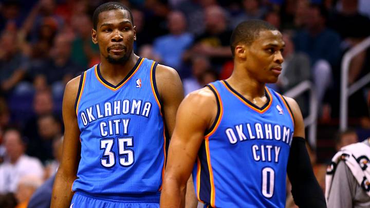 Apr 6, 2014; Phoenix, AZ, USA; Oklahoma City Thunder forward Kevin Durant (35) and guard Russell Westbrook (0) against the Phoenix Suns at US Airways Center. The Suns defeated the Thunder 122-115. Mandatory Credit: Mark J. Rebilas-USA TODAY Sports Apr 6, 2014; Phoenix, AZ, USA; Oklahoma City Thunder forward Kevin Durant (35) and guard Russell Westbrook (0) against the Phoenix Suns at US Airways Center. The Suns defeated the Thunder 122-115. Mandatory Credit: Mark J. Rebilas-USA TODAY Sports