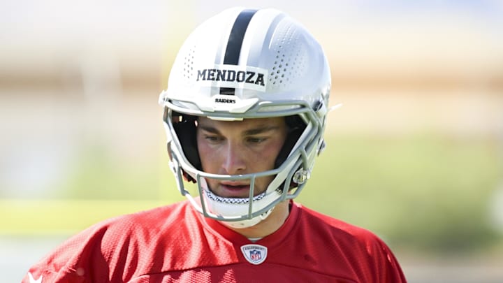 Las Vegas Raiders quarterback Fernando Mendoza runs through a drill during a Rookie Minicamp.