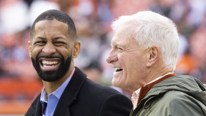 Cleveland Browns general manager Andrew Berry, left, with team owner Jimmy Haslam