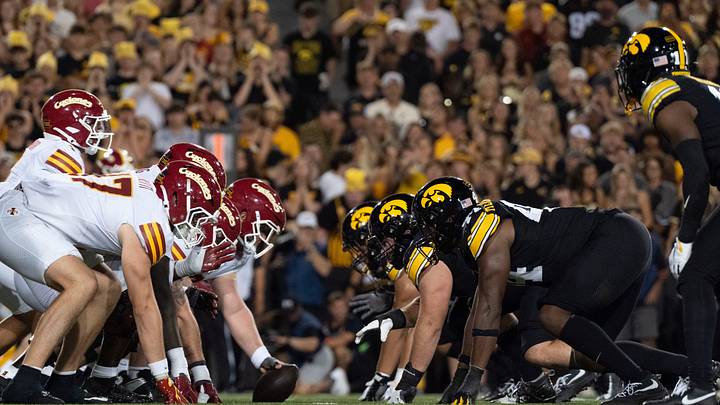 Iowa State’s offense lines up against the Iowa defense during the Cy-Hawk football game Sept. 12, 2026 at Kinnick Stadium in Iowa City, Iowa. Iowa State’s offense lines up against the Iowa defense during the Cy-Hawk football game Sept. 12, 2026 at Kinnick Stadium in Iowa City, Iowa.